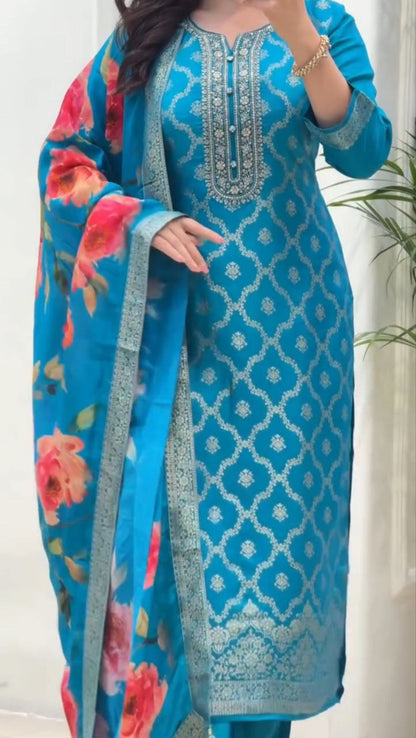 Royal  Banarasi Silk Embroidered Kurta Pant Set with Floral Printed Dupatta