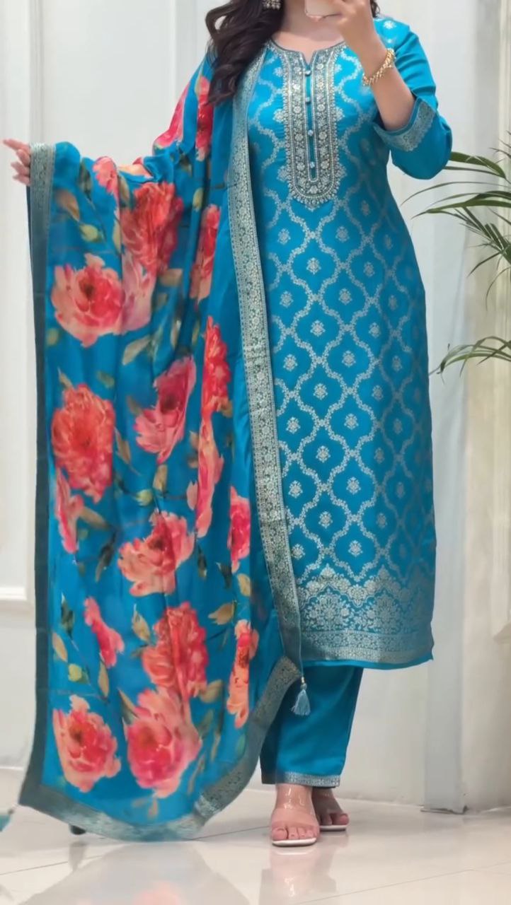 Royal  Banarasi Silk Embroidered Kurta Pant Set with Floral Printed Dupatta