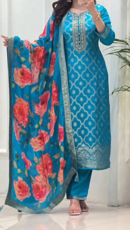 Royal  Banarasi Silk Embroidered Kurta Pant Set with Floral Printed Dupatta