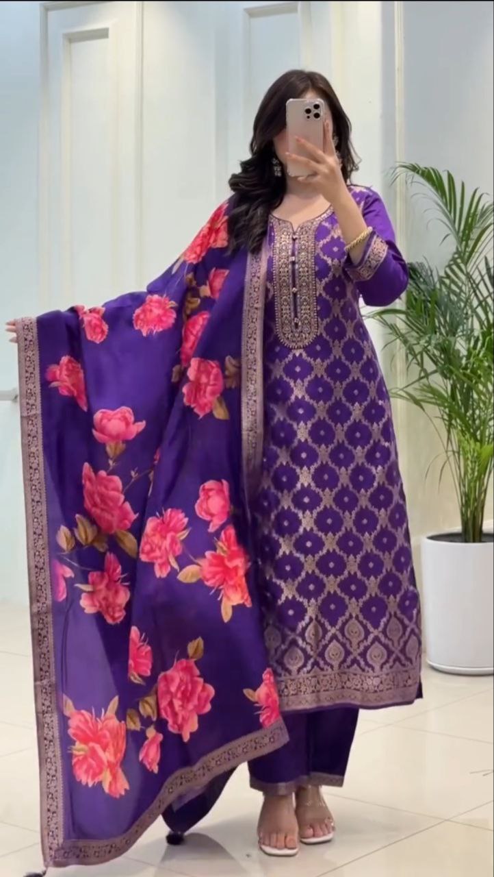 Beautiful Purple Banarasi Silk Woven Kurta Pant Set with Floral Printed Dupatta