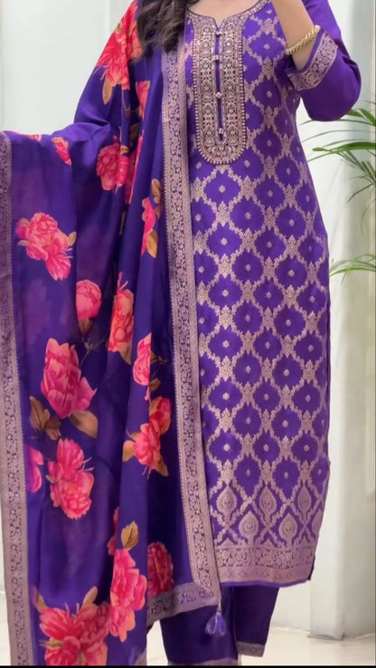 Beautiful Purple Banarasi Silk Woven Kurta Pant Set with Floral Printed Dupatta