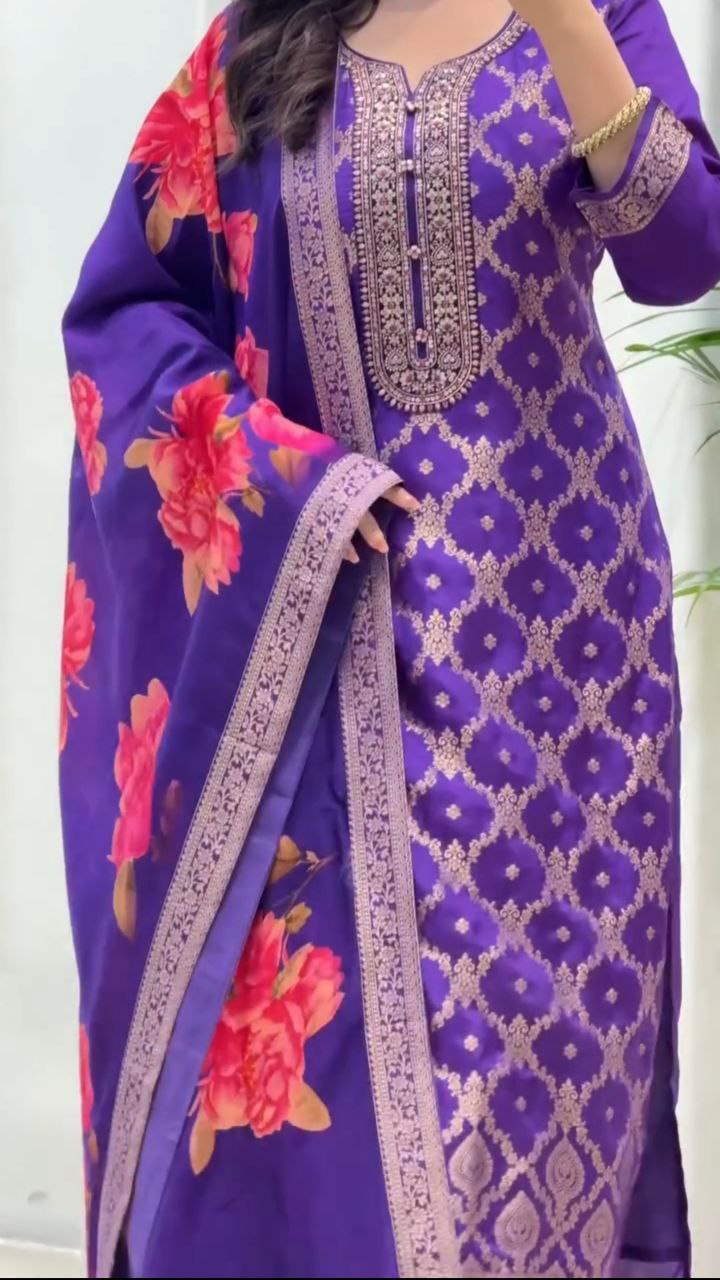 Beautiful Purple Banarasi Silk Woven Kurta Pant Set with Floral Printed Dupatta