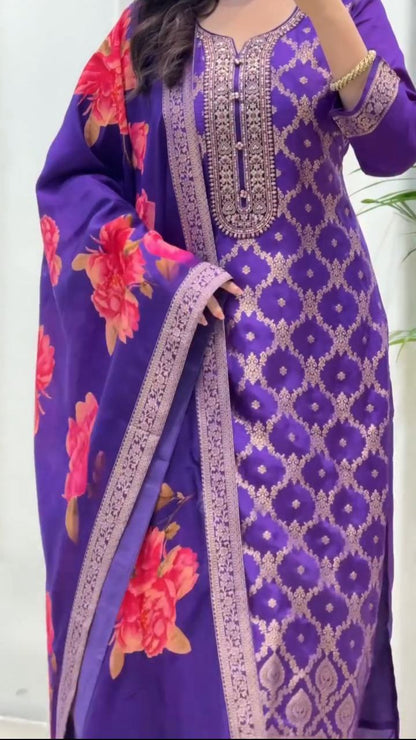 Beautiful Purple Banarasi Silk Woven Kurta Pant Set with Floral Printed Dupatta