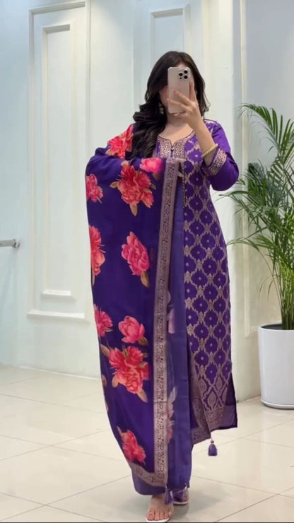 Beautiful Purple Banarasi Silk Woven Kurta Pant Set with Floral Printed Dupatta