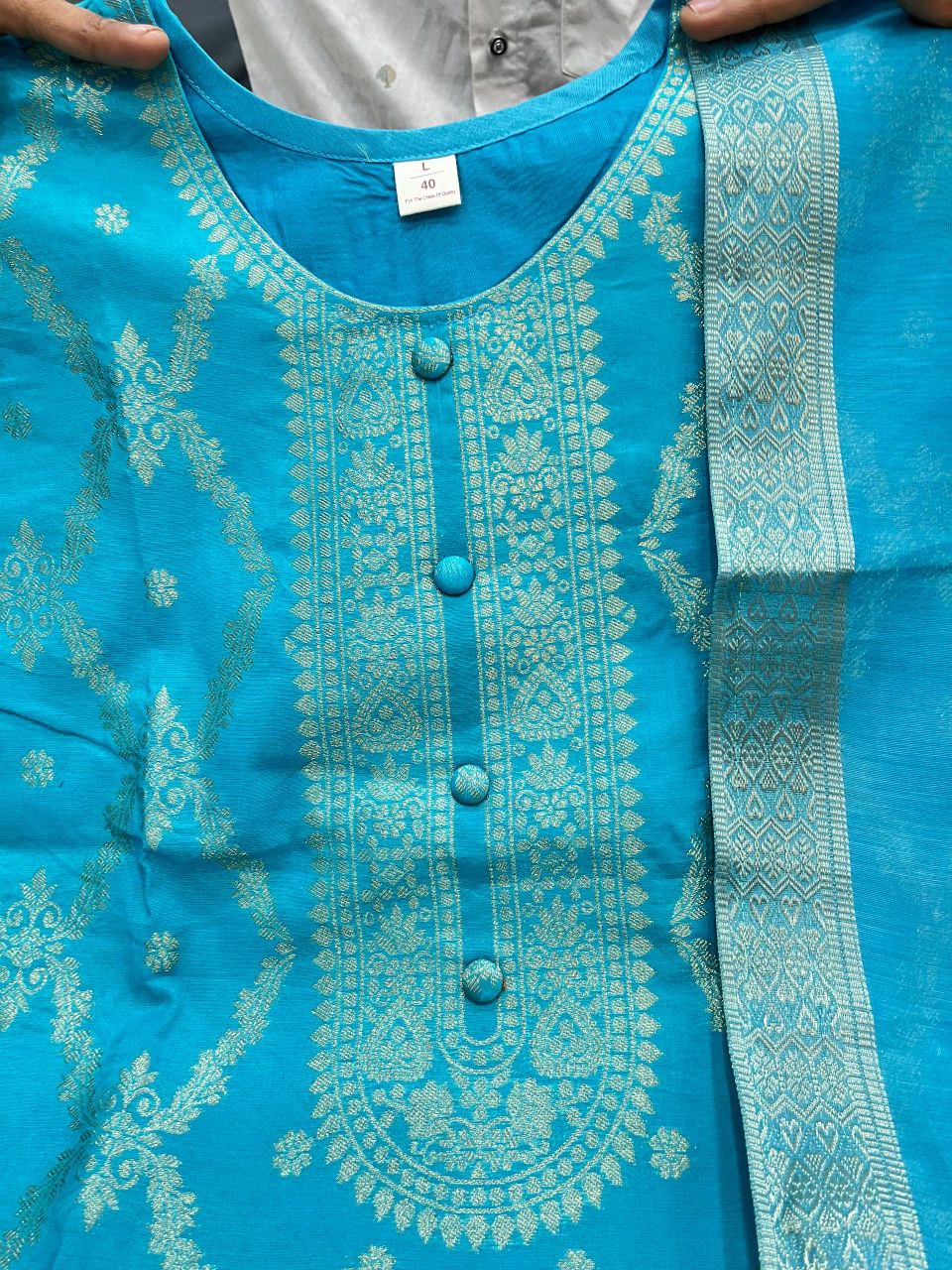 Royal  Banarasi Silk Embroidered Kurta Pant Set with Floral Printed Dupatta