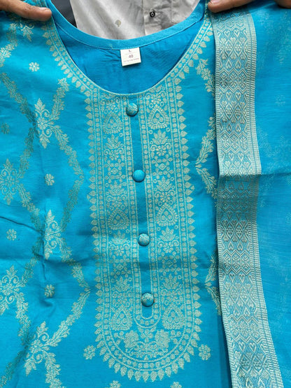 Royal  Banarasi Silk Embroidered Kurta Pant Set with Floral Printed Dupatta