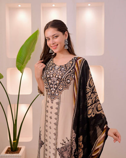 Trendy Beige & Black Printed Unstitched Salwar Suit with Designer Dupatta
