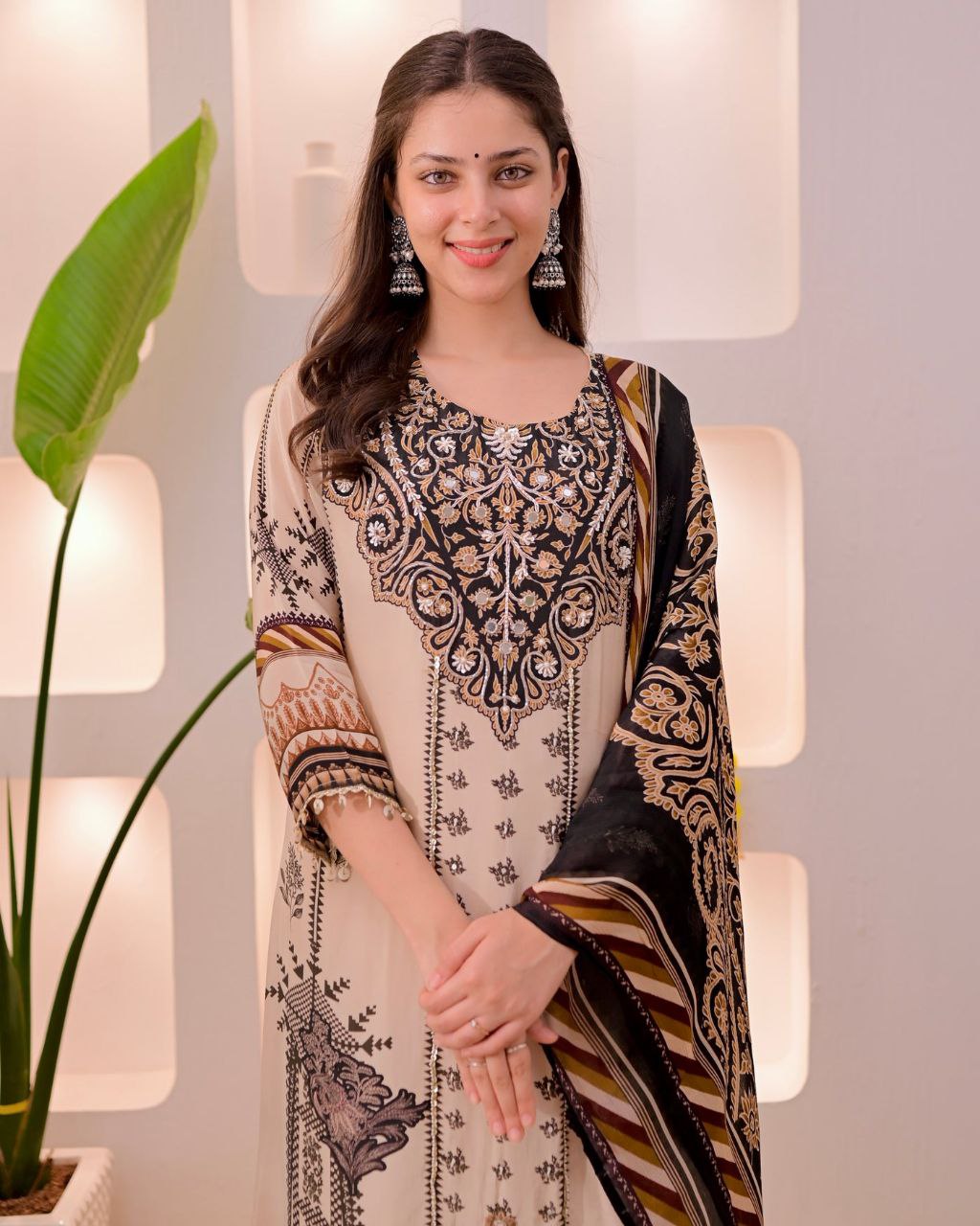 Trendy Beige & Black Printed Unstitched Salwar Suit with Designer Dupatta