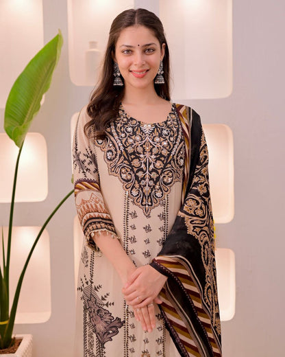 Trendy Beige & Black Printed Unstitched Salwar Suit with Designer Dupatta