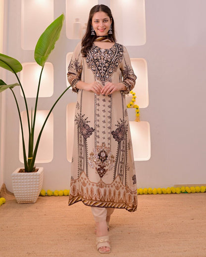 Trendy Beige & Black Printed Unstitched Salwar Suit with Designer Dupatta