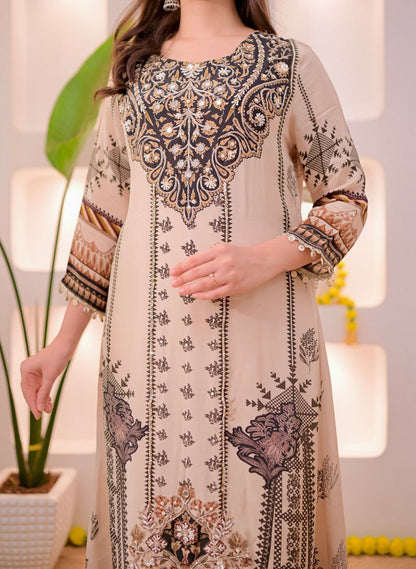 Trendy Beige & Black Printed Unstitched Salwar Suit with Designer Dupatta