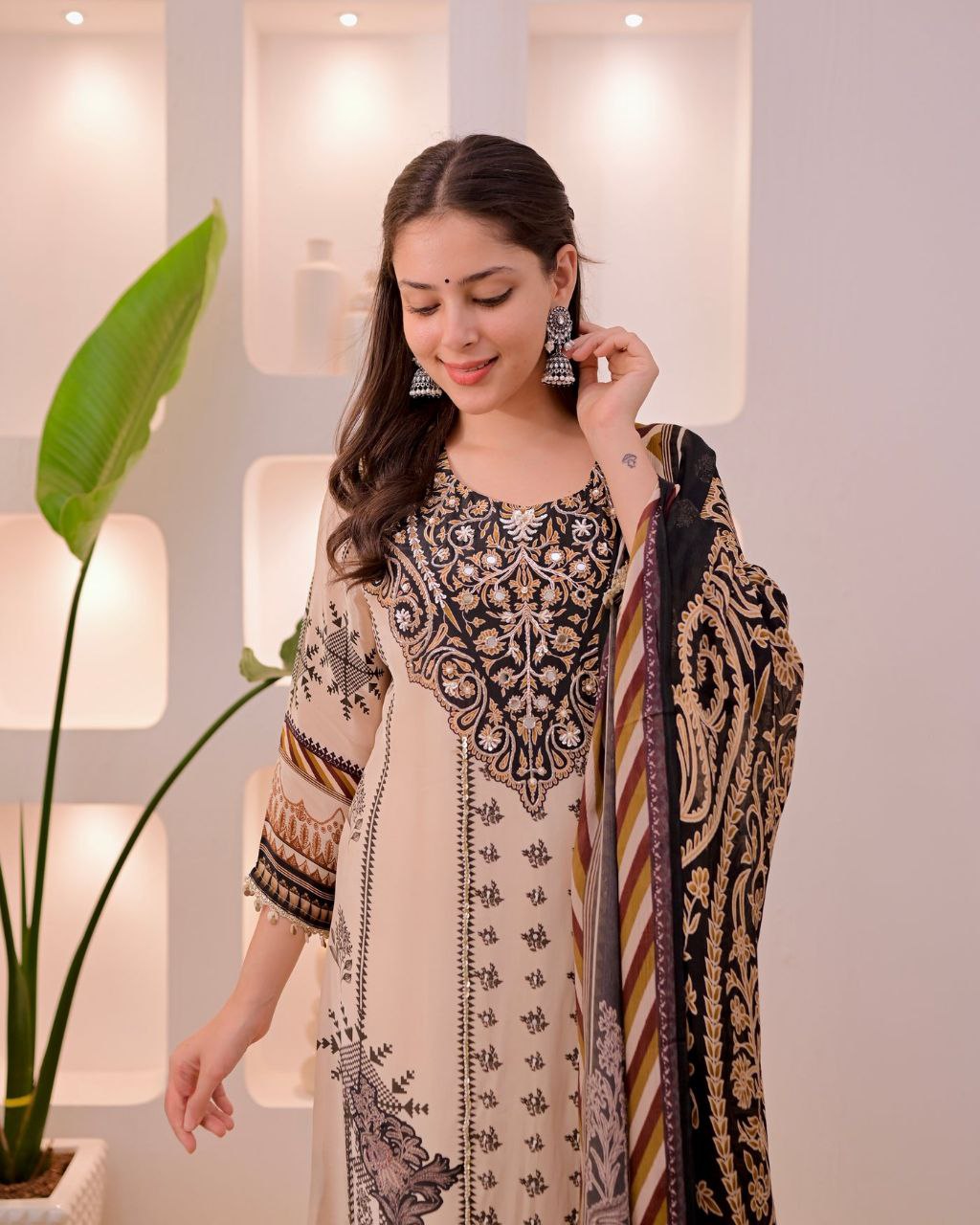 Trendy Beige & Black Printed Unstitched Salwar Suit with Designer Dupatta