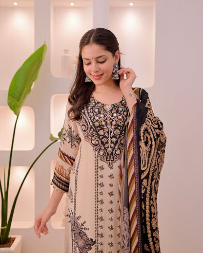 Trendy Beige & Black Printed Unstitched Salwar Suit with Designer Dupatta