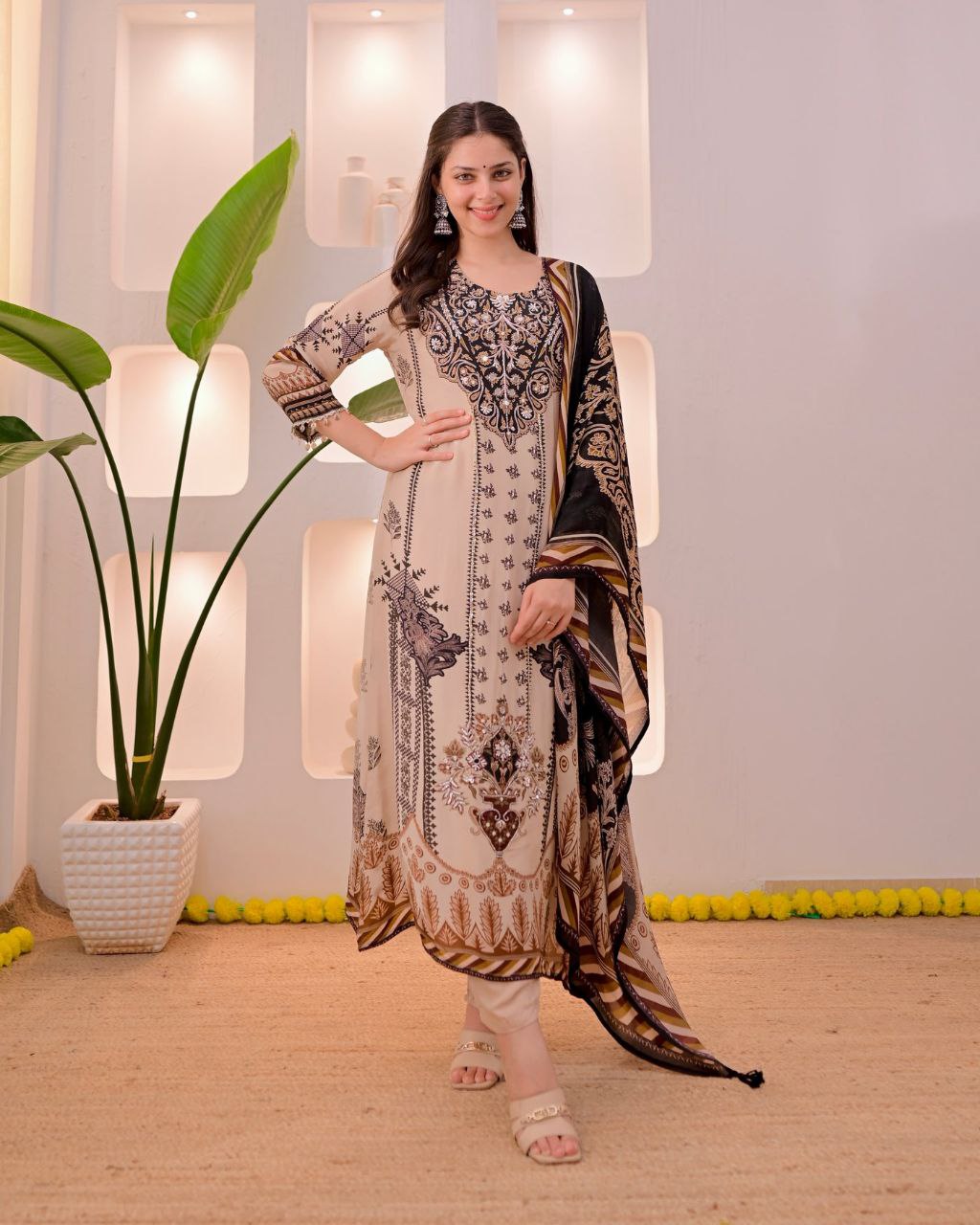 Trendy Beige & Black Printed Unstitched Salwar Suit with Designer Dupatta