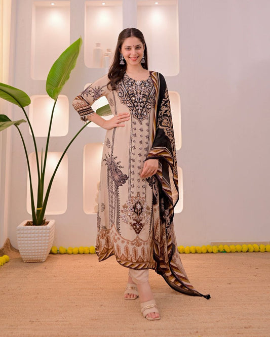 Trendy Beige & Black Printed stitched Salwar Suit with Designer Dupatta