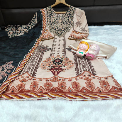Trendy Beige & Black Printed Unstitched Salwar Suit with Designer Dupatta