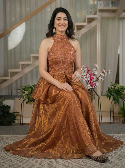 Designer Copper Brown Halter Neck Peplum Kurta with Palazzo Set