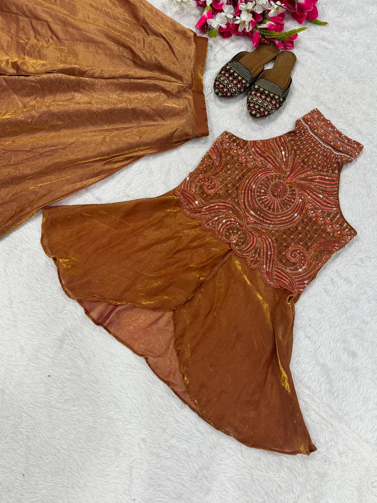 Designer Copper Brown Halter Neck Peplum Kurta with Palazzo Set
