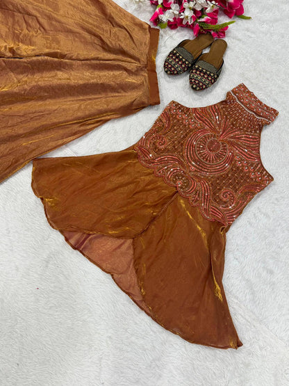 Designer Copper Brown Halter Neck Peplum Kurta with Palazzo Set