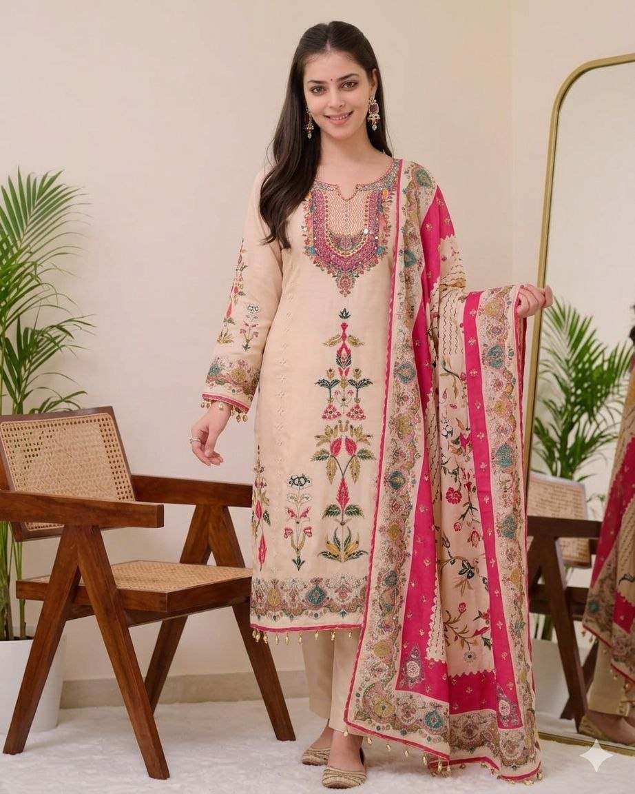 Blossom Charm Off-White Floral Embroidered Kurta Pant Set for Women