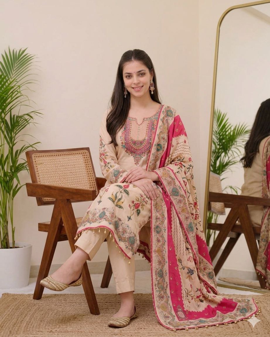Blossom Charm Off-White Floral Embroidered Kurta Pant Set for Women