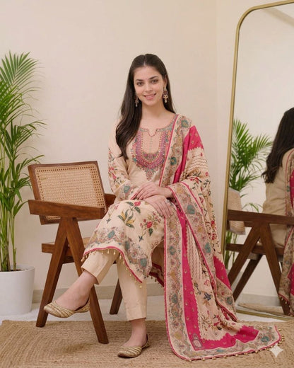 Blossom Charm Off-White Floral Embroidered Kurta Pant Set for Women
