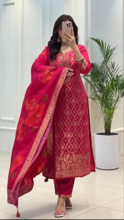 Traditional Rani Pink Banarasi Silk Woven Kurta Pant Set with Floral Printed Dupatta