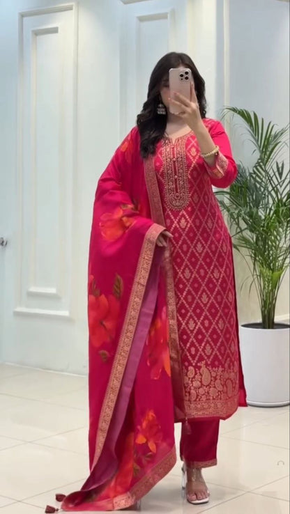 Traditional Rani Pink Banarasi Silk Woven Kurta Pant Set with Floral Printed Dupatta