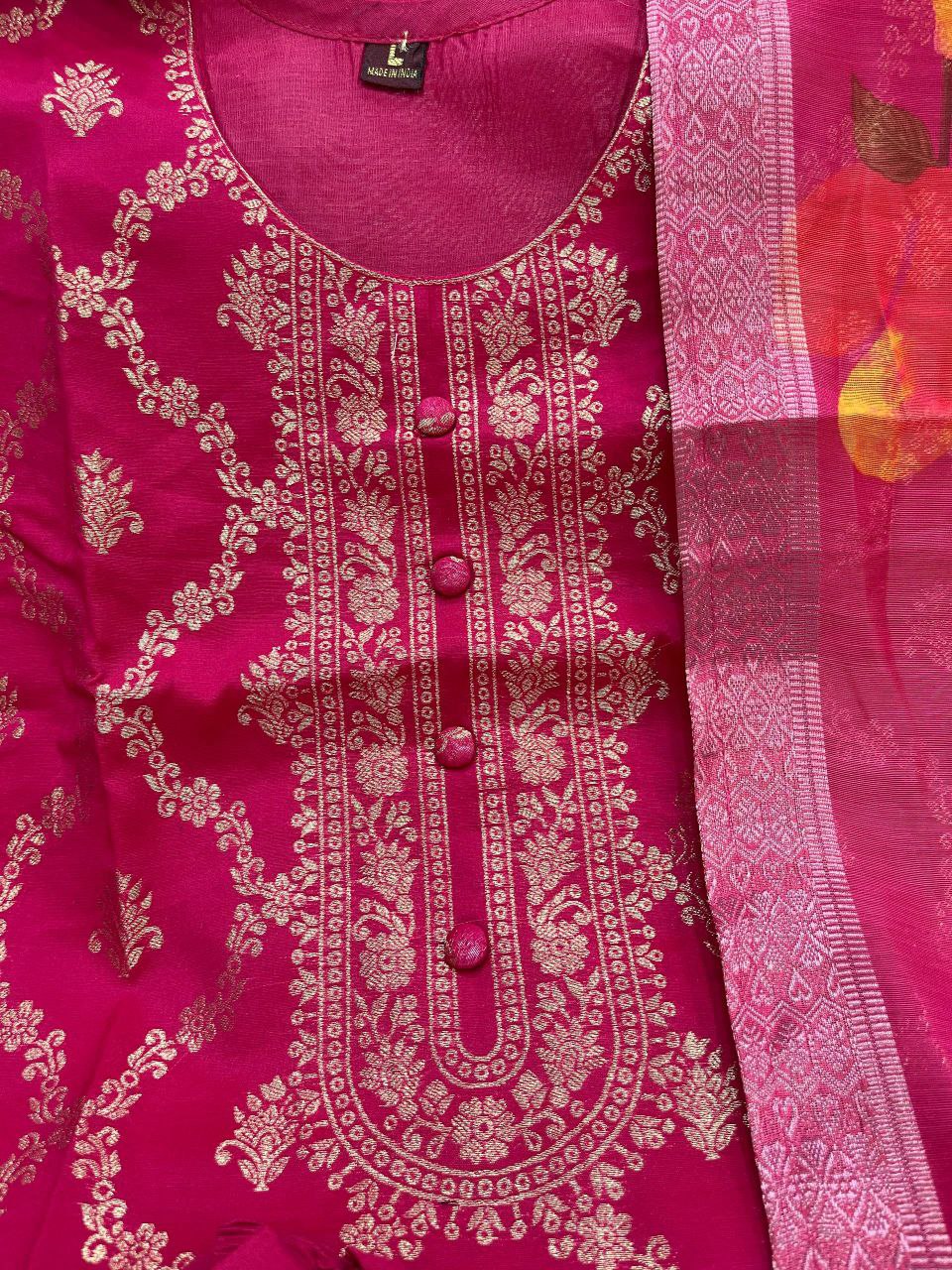Traditional Rani Pink Banarasi Silk Woven Kurta Pant Set with Floral Printed Dupatta