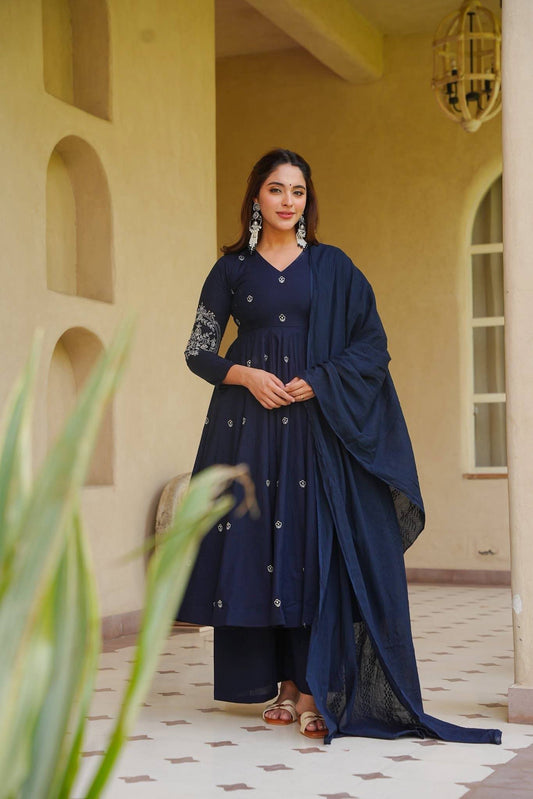 Graceful Navy Blue Anarkali Kurta with Palazzo and Dupatta Set