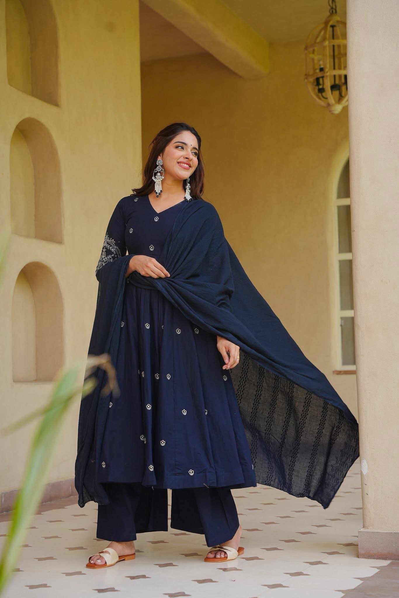 Graceful Navy Blue Anarkali Kurta with Palazzo and Dupatta Set