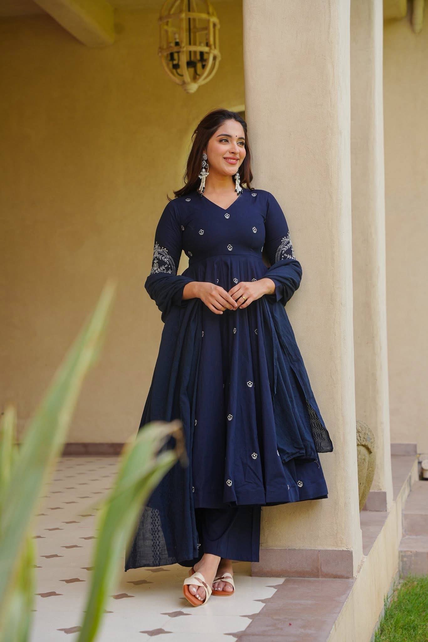 Graceful Navy Blue Anarkali Kurta with Palazzo and Dupatta Set