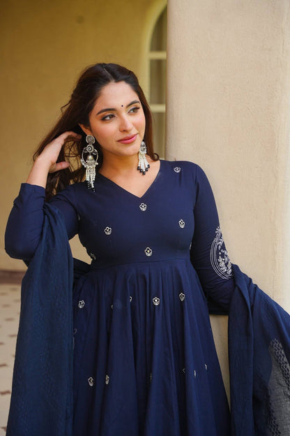 Graceful Navy Blue Anarkali Kurta with Palazzo and Dupatta Set