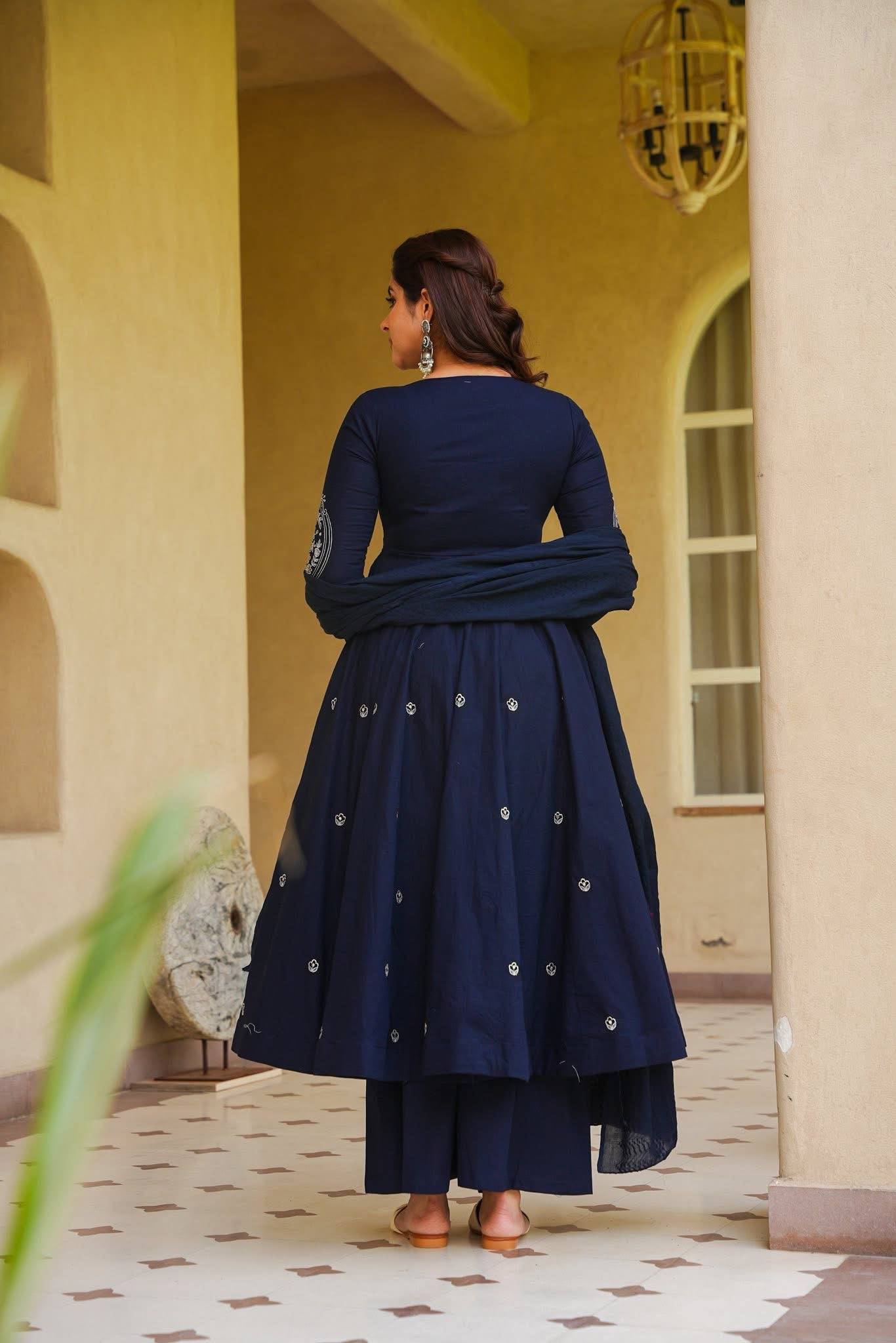 Graceful Navy Blue Anarkali Kurta with Palazzo and Dupatta Set