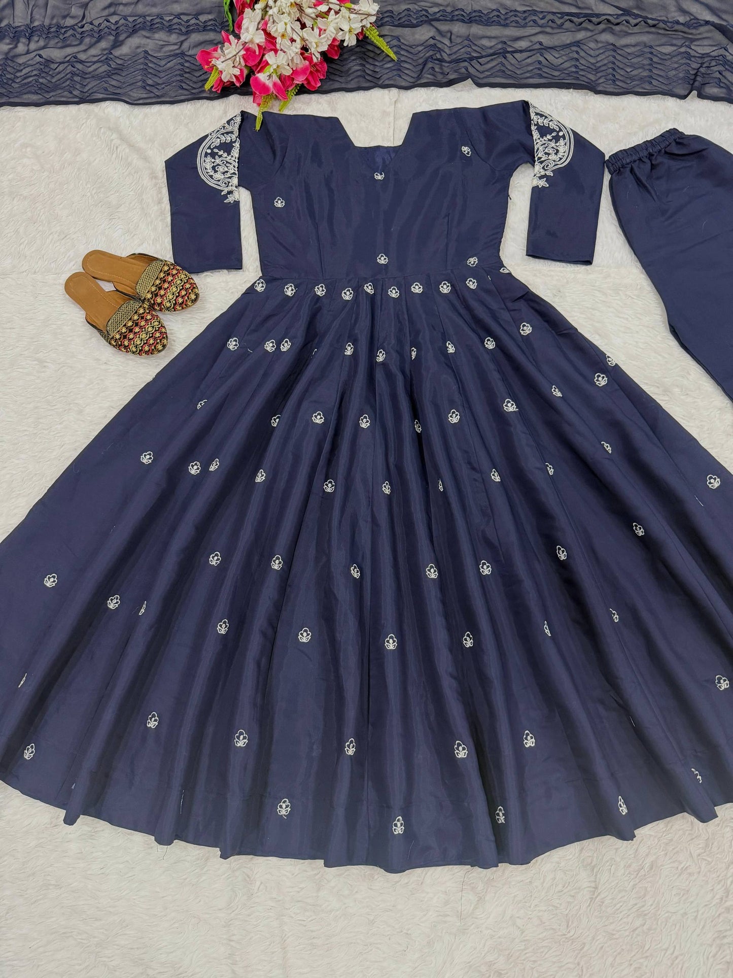 Graceful Navy Blue Anarkali Kurta with Palazzo and Dupatta Set