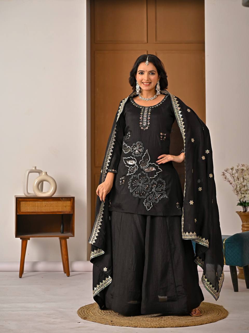 Royal Black Heavy Vichitra Silk Embroidered Kurta Palazzo Set with Designer Dupatta
