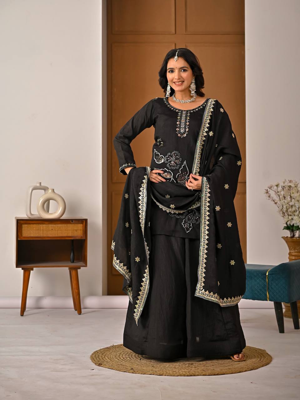 Royal Black Heavy Vichitra Silk Embroidered Kurta Palazzo Set with Designer Dupatta