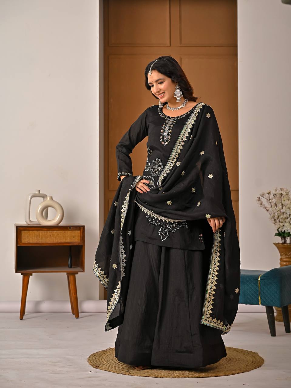 Royal Black Heavy Vichitra Silk Embroidered Kurta Palazzo Set with Designer Dupatta