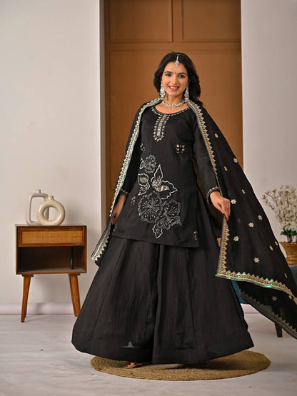 Royal Black Heavy Vichitra Silk Embroidered Kurta Palazzo Set with Designer Dupatta