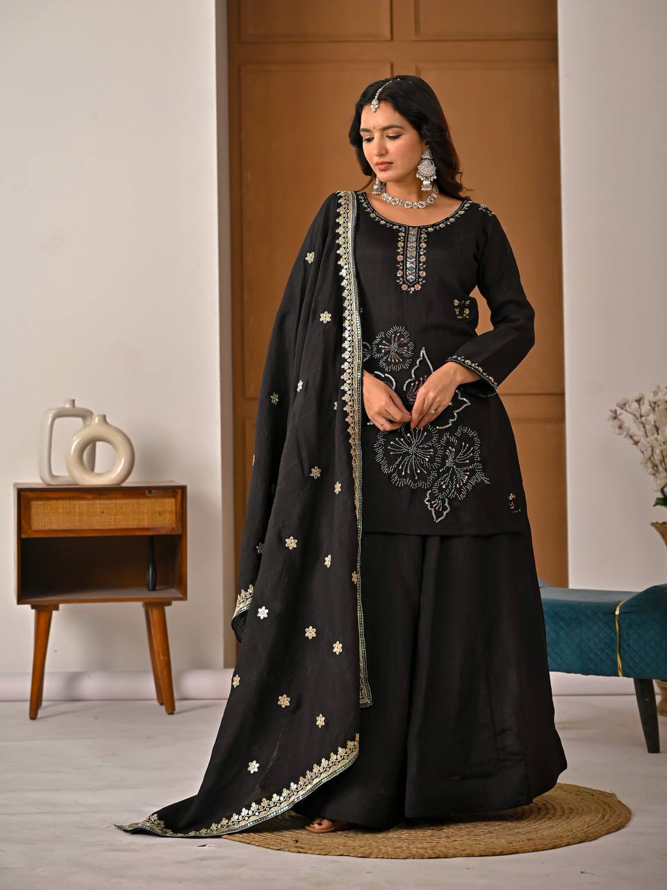 Royal Black Heavy Vichitra Silk Embroidered Kurta Palazzo Set with Designer Dupatta
