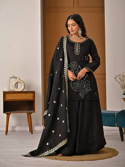 Royal Black Heavy Vichitra Silk Embroidered Kurta Palazzo Set with Designer Dupatta