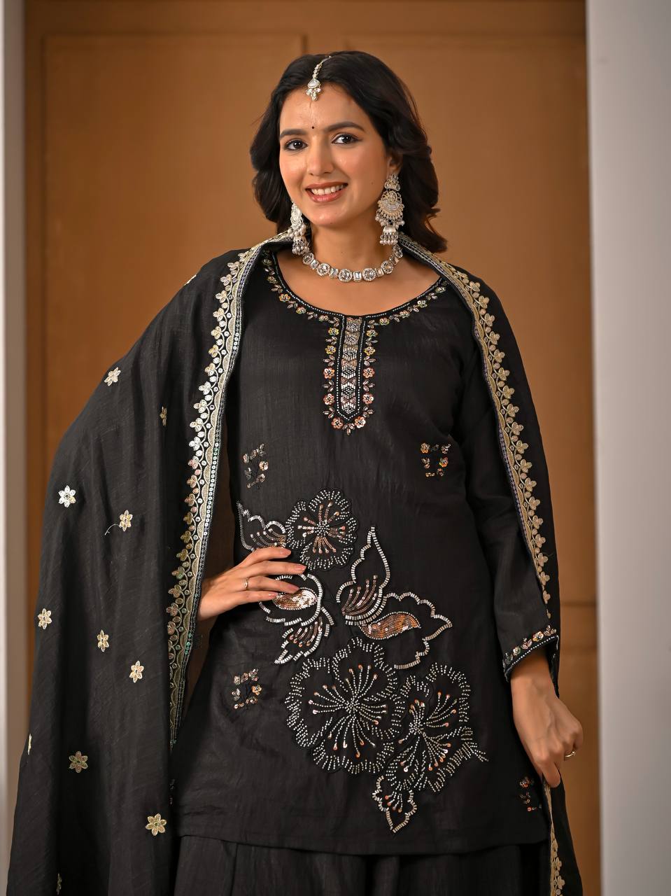 Royal Black Heavy Vichitra Silk Embroidered Kurta Palazzo Set with Designer Dupatta