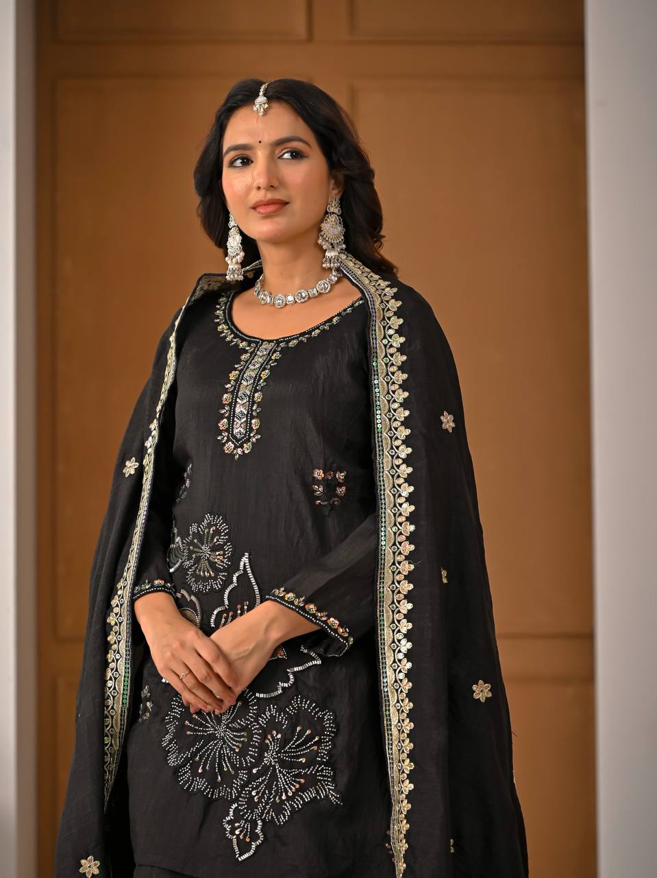Royal Black Heavy Vichitra Silk Embroidered Kurta Palazzo Set with Designer Dupatta