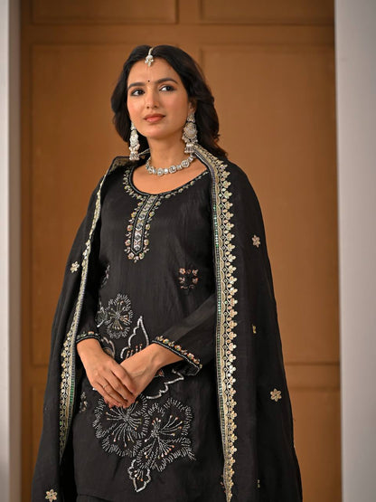 Royal Black Heavy Vichitra Silk Embroidered Kurta Palazzo Set with Designer Dupatta
