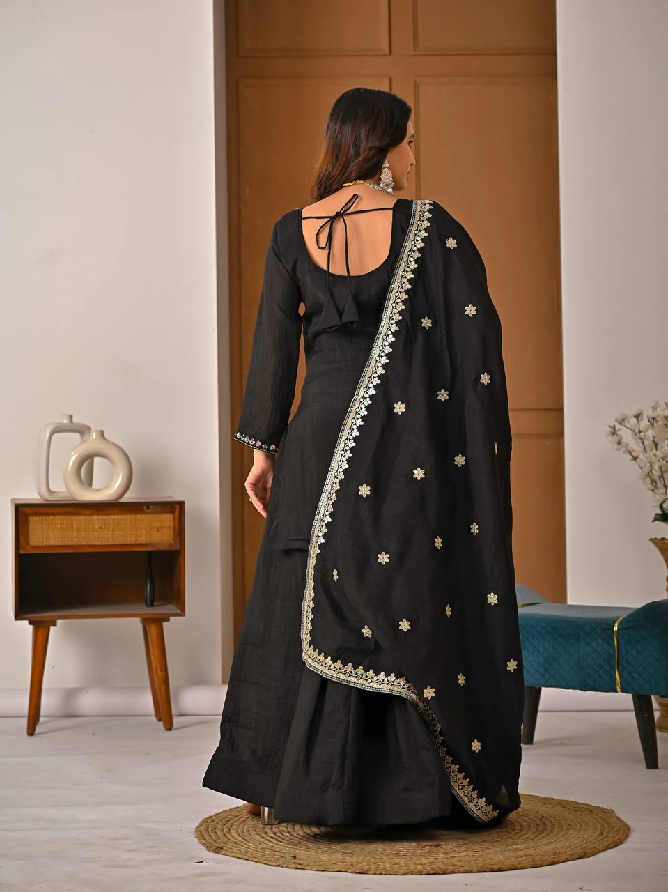 Royal Black Heavy Vichitra Silk Embroidered Kurta Palazzo Set with Designer Dupatta