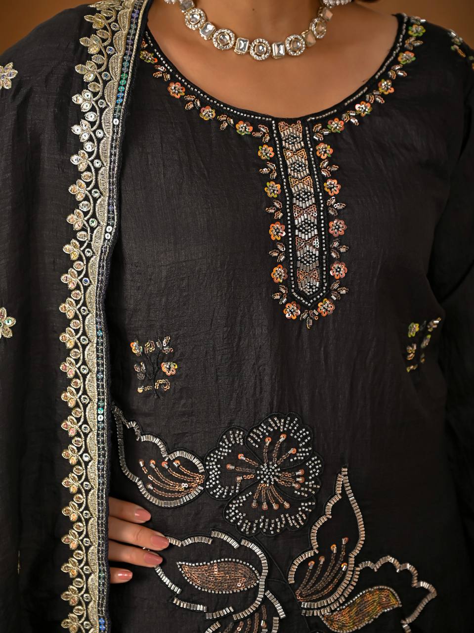 Royal Black Heavy Vichitra Silk Embroidered Kurta Palazzo Set with Designer Dupatta