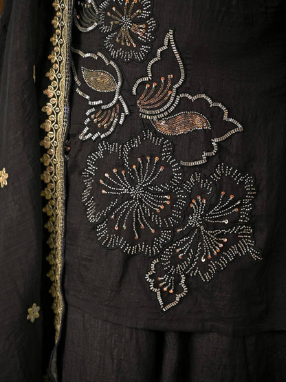 Royal Black Heavy Vichitra Silk Embroidered Kurta Palazzo Set with Designer Dupatta
