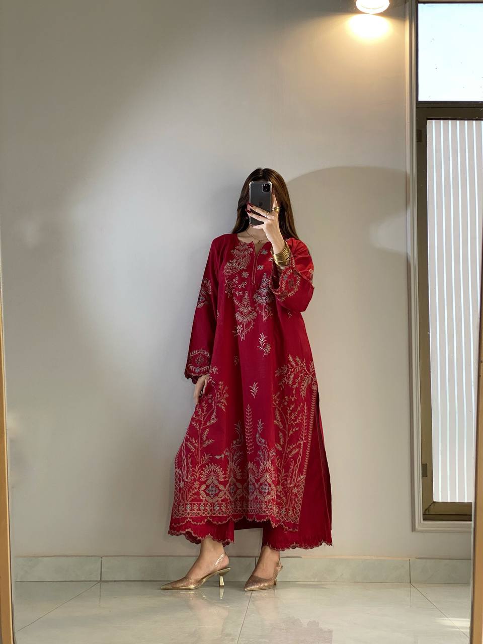 Delightful Maroon Embroidered 3-Piece Suit Set