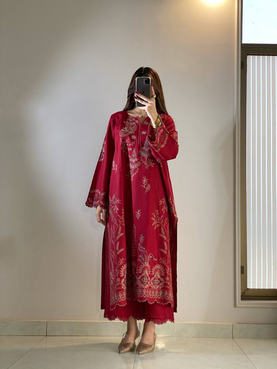 Delightful Maroon Embroidered 3-Piece Suit Set
