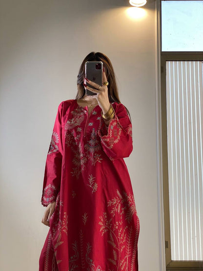 Delightful Maroon Embroidered 3-Piece Suit Set